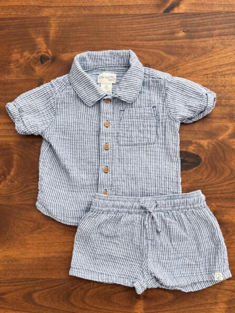 Little Planet Organic Cotton Blue & White Pinstripe Coastal Button Down Set 12 M